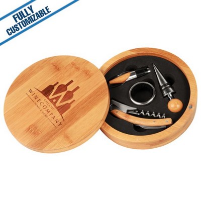 4-Piece Wine Tool Set - 6.25" Round Bamboo