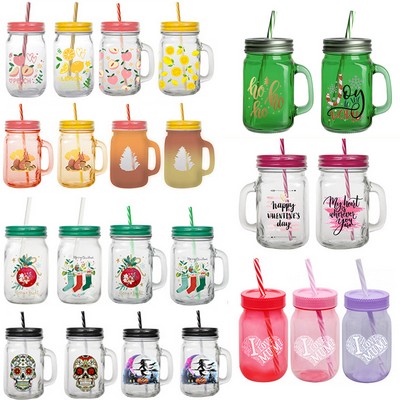 16oz Glass Cup Mason Jar with Handle Mug Straw and Lip