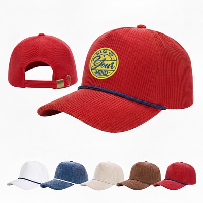 5 Panel Corduroy Sports Cap With Rope Visor And Adjustable Brass Buckle