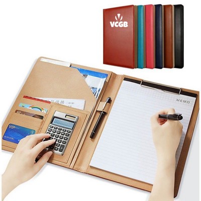 PU Leather Clipboard Cover Business Portfolio Organizer with 8-bit Solar Calculator