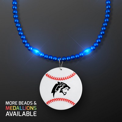 Blue LED Bead Necklace with Baseball Medallion - PRINTED
