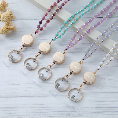 Natural Stone Beaded Necklaces Teacher Retractable Lanyard ID Badge Strap