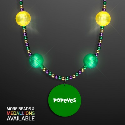 Mardi Gras Jewelry LED Beads Necklace with Green Medallion - PRINTED