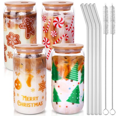 16oz Christmas Mason Jars with Lid and Straw Glass Cup