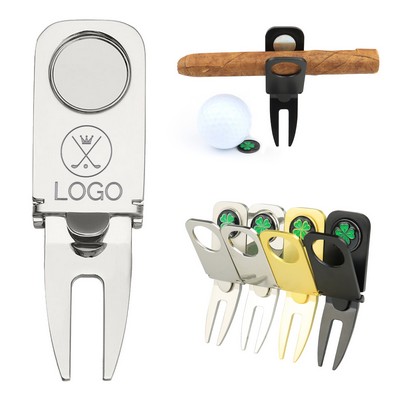 Folding Zinc Alloy Golf Divot Tool w/ Cigar Holder