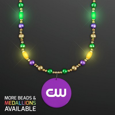 Glam Mardi Gras Beads LED Necklace with Purple Medallion - PRINTED