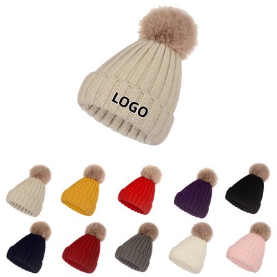 Knit Beanie Cap With Pom