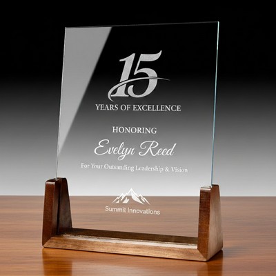 Personalized Crystal Award Plaque with Wood Base