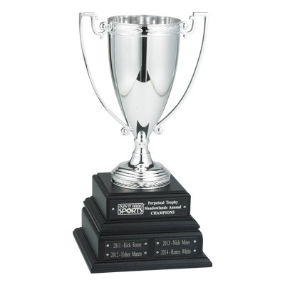 15" Perpetual Trophy w/10 ¼" Silver Cup on Black Wood Base, 4 Plates