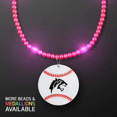 Pink LED Bead Necklace with Baseball Medallion - PRINTED