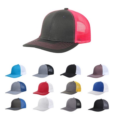Stock Solid Color Cotton 6-Panel Trucker Cap w/ Contrasting