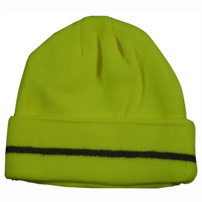 Lime Green Safety Beanie Hat with Reflective Stripe