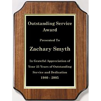 Walnut Finish Notched Corner Plaque with Black Brass Plate, 9"x12"