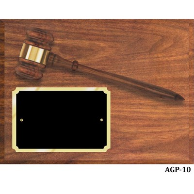 Walnut Finish Gavel Plaque with Matching Gavel with Black Brass Plate , 9"x12"