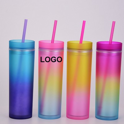 16OZ Skinny Double Layer Plastic Straw Cup