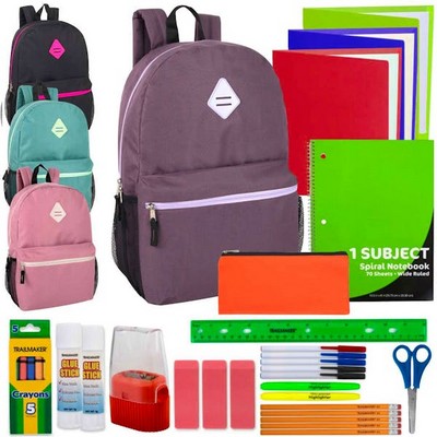 Girls' School Supply Kits in 19 Backpacks - 26 Pieces (Case of 12)