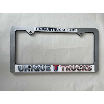 Black Plastic Full Metal Jacket Signature Dome Standard License Plate Frame w/White Vinyl