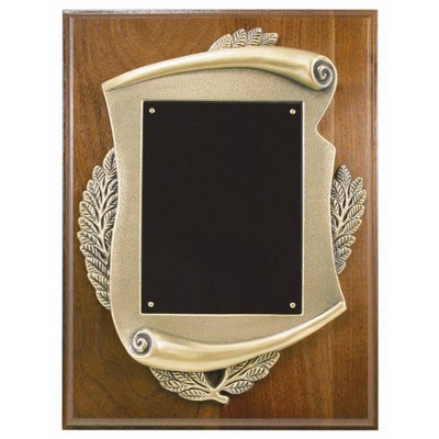 Walnut Step-Edge Plaque - 9" x 12" w/a 8" x 10-1/2" Metal Scroll Plate