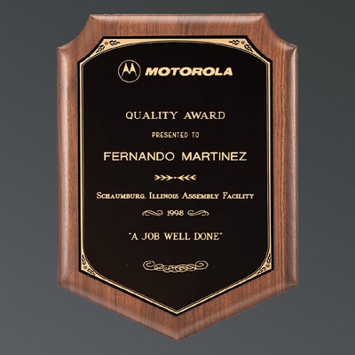 American Walnut Shield Plaque, Black Brass/Gold Florentine, X-Large (12"x15")